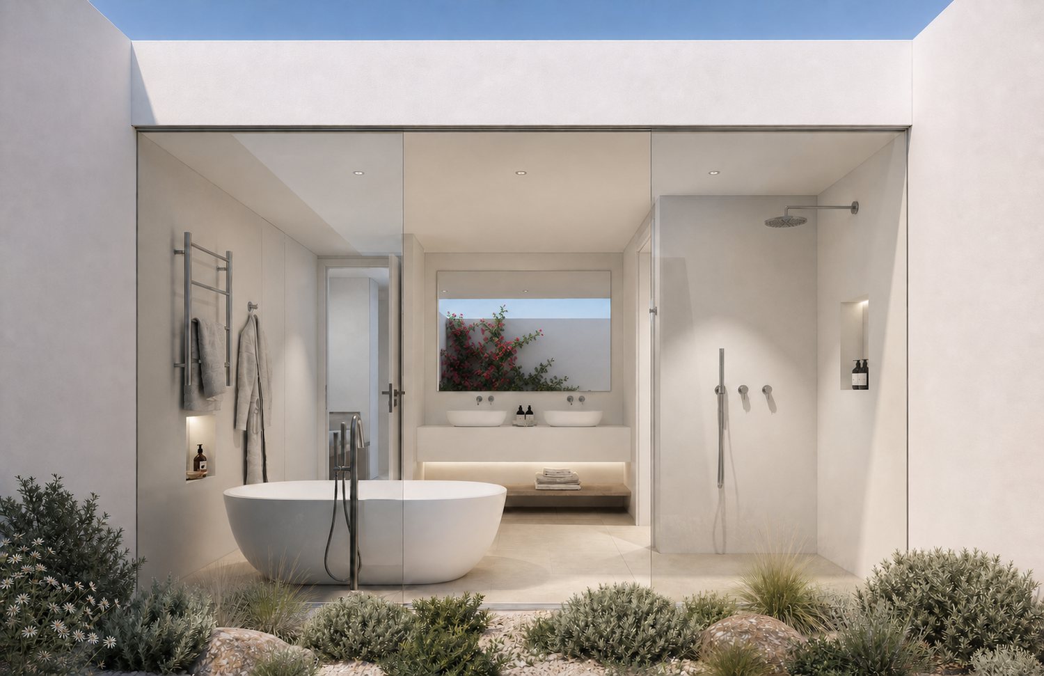 Seafront suite bathroom with outdoor shower, render