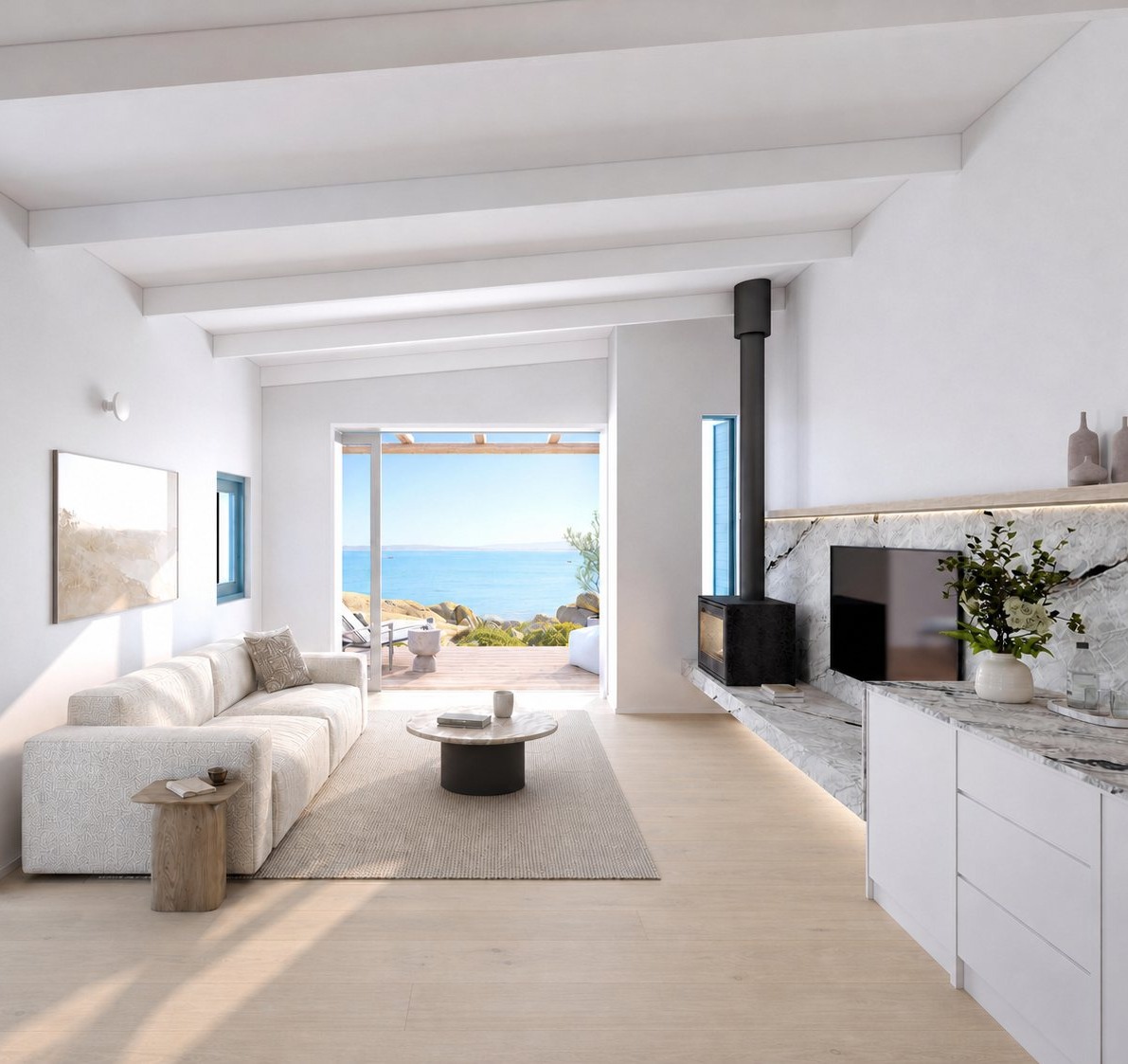 Seafront suite living area, render